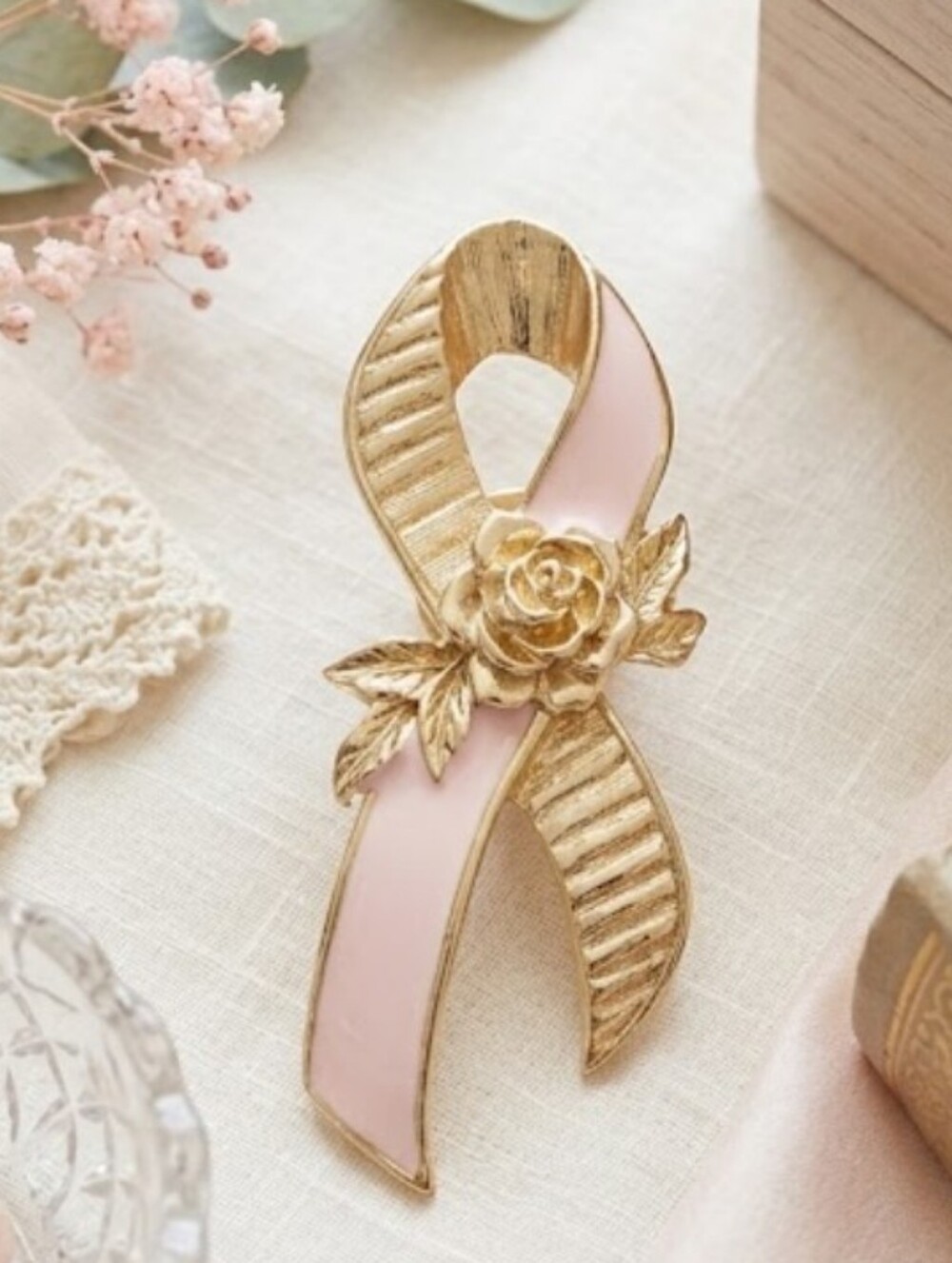 AVON Breast Cancer Gold & Pink Flower Ribbon Tack Pin With Rose Accents